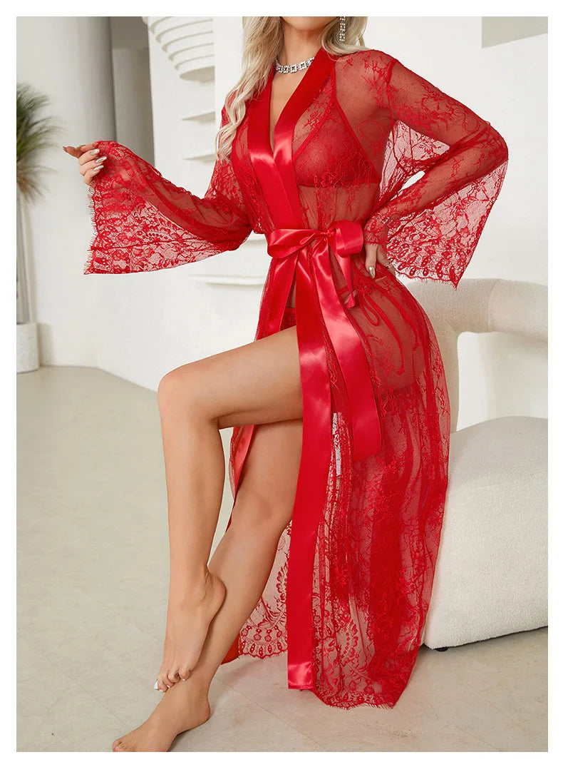 Women's Sheer Lace Robe Sexy See Through Nightgown with Jacquard Lace Floral Trim Satin Lounge Dress for Kimono Robe Home Wear