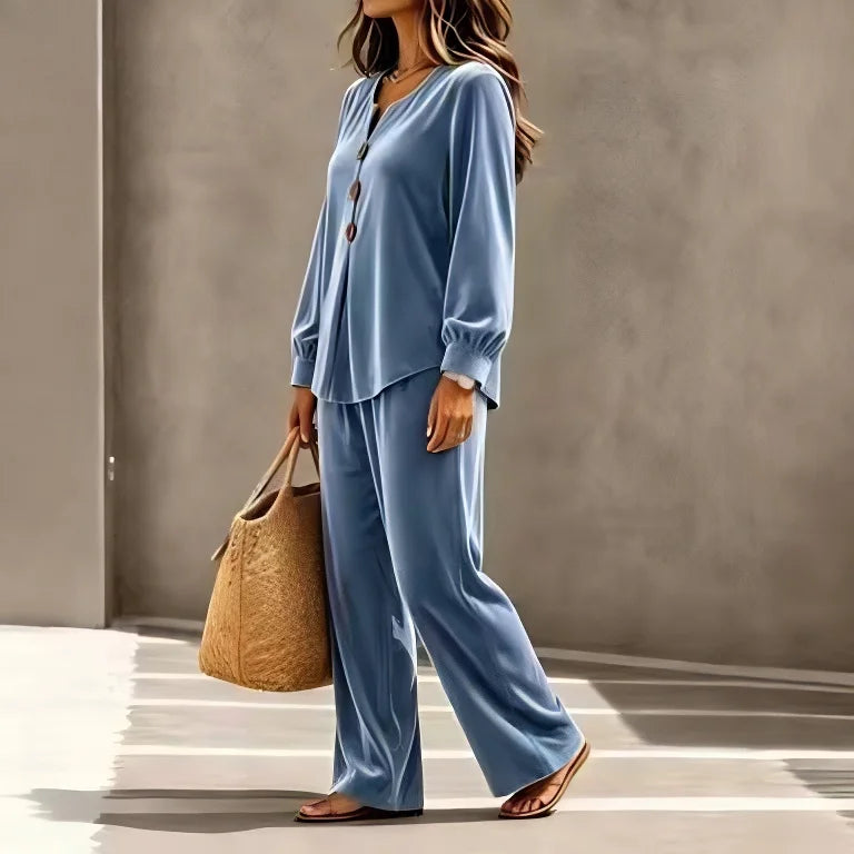 Women 2 Piece Outfit V Neck Button Decor Long Lantern Sleeve Top Wide Leg Pants Casual Fall Winter Matching Set With Pockets