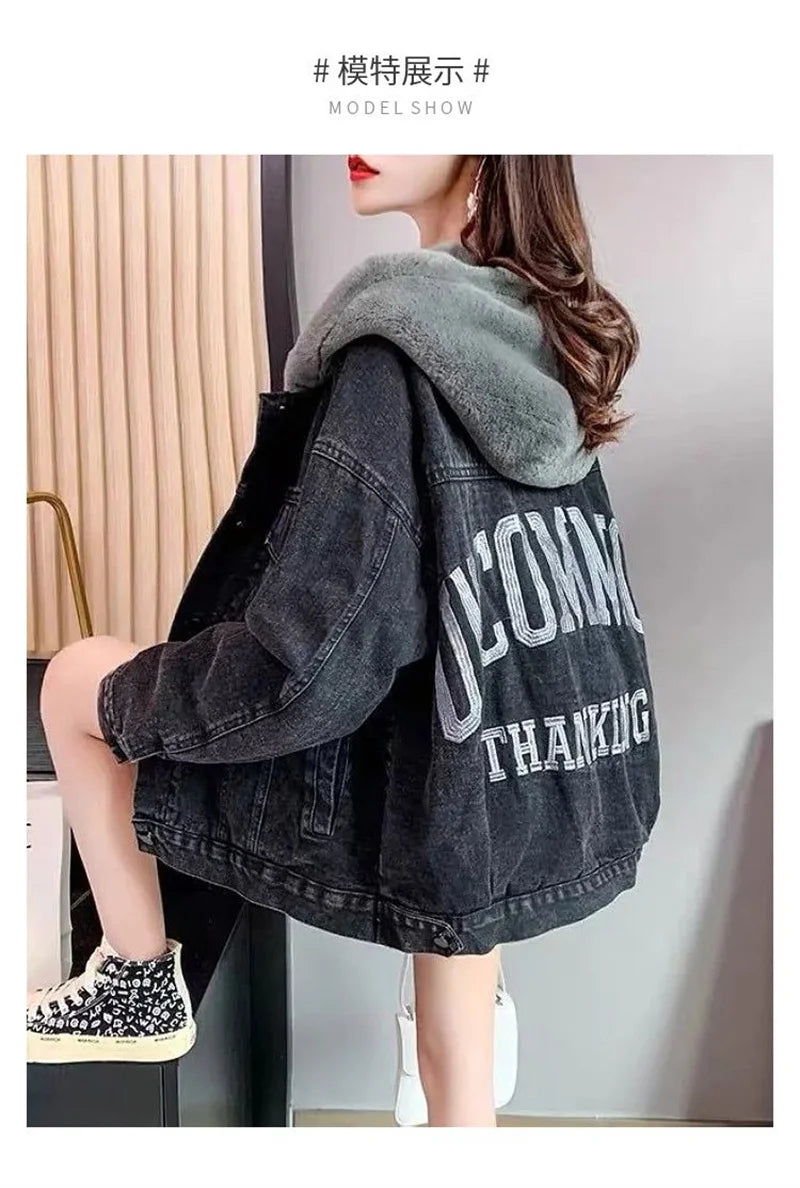 Plus Velvet Thickening 2022 Winter Denim Jacket Women's Hooded Embroidery Loose Warm Cotton Clothes Cotton Clothes Ins Tide W228