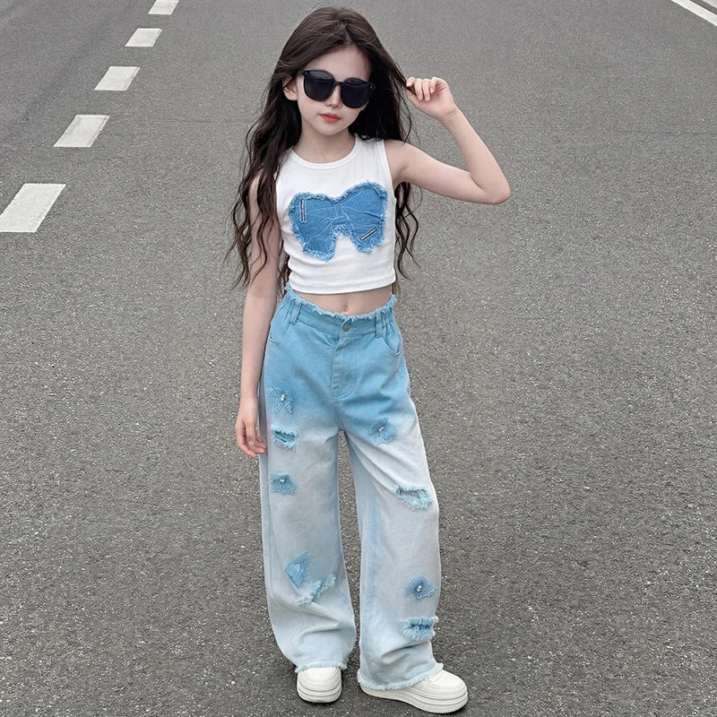 Teenage Girls Clothing Sets Hot Deals Bow Crop Top+Hole Wide Leg Jeans with Butterfly 2Pcs Fashion Gradient Child Clothes Suits