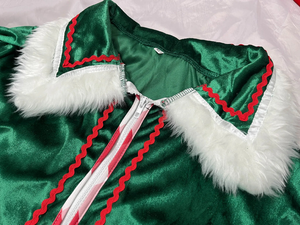Christmas Elf Costume for Adults Men Women Couple Green Velvet Dress Suit Belt Hat Striped Stockings Xmas Party Cosplaywear