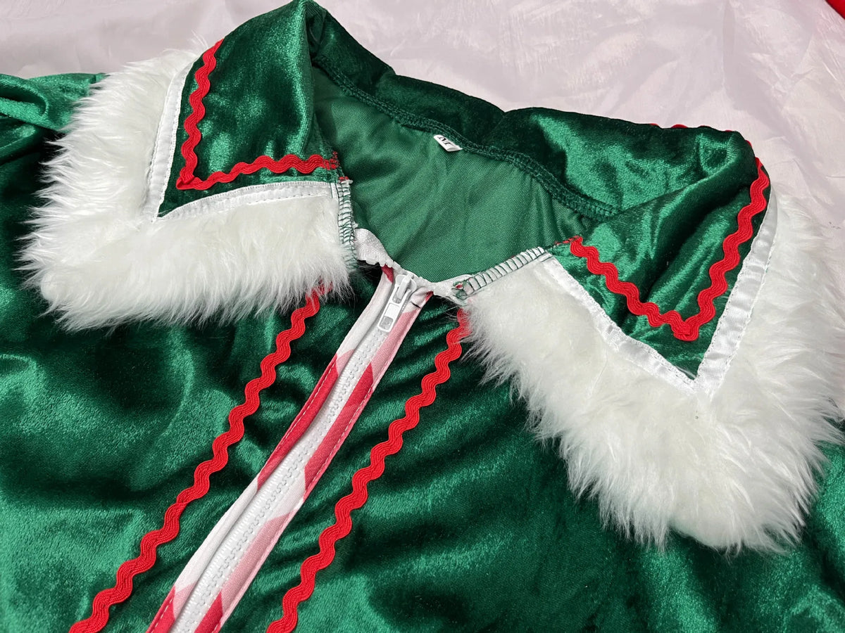 Christmas Elf Costume for Adults Men Women Couple Green Velvet Dress Suit Belt Hat Striped Stockings Xmas Party Cosplaywear