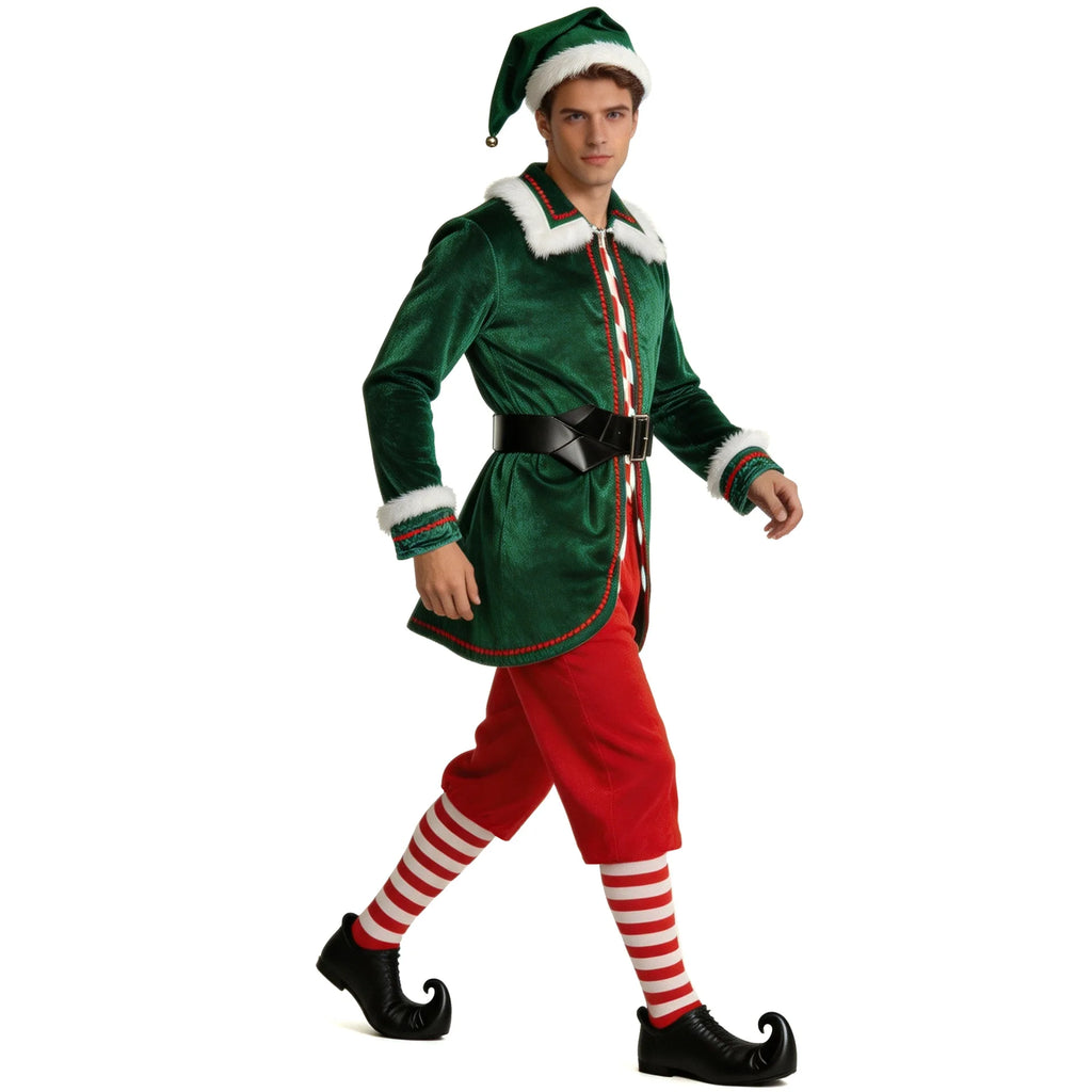 Christmas Elf Costume for Adults Men Women Couple Green Velvet Dress Suit Belt Hat Striped Stockings Xmas Party Cosplaywear