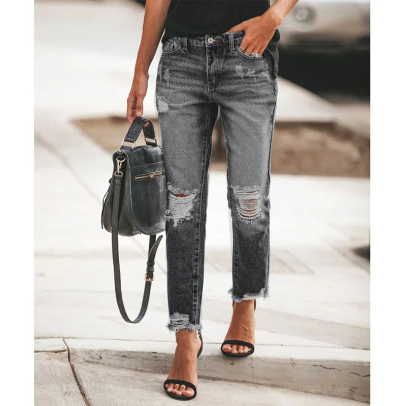 Washed Ripped Straight-leg Jeans. Four Seasons New Fashionable, Personalized, Casual and Comfortable 9-inch Jeans for Ladies