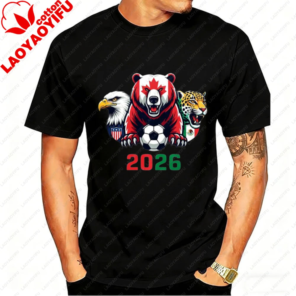 2026 North America Soccer T-Shirt for Men Women Bear Eagle Jaguar Mascot Graphic Tee Short Sleeve Cotton Tops for Football Fans