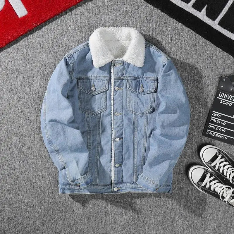 Men's Denim Jacket Autumn Winter Thickened Fleece Collar Cotton Jacket Loose Fit Warm Korean Style Lamb Velvet Lined Coat