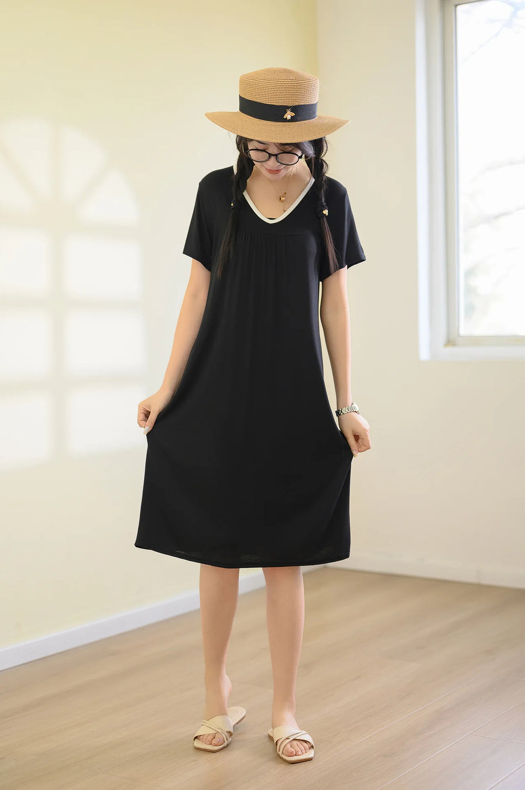 Plus size L to 6XL Modal V-Neck sleepdress summer women Loose homewear dress solid color casual long nightdress comfort homewear