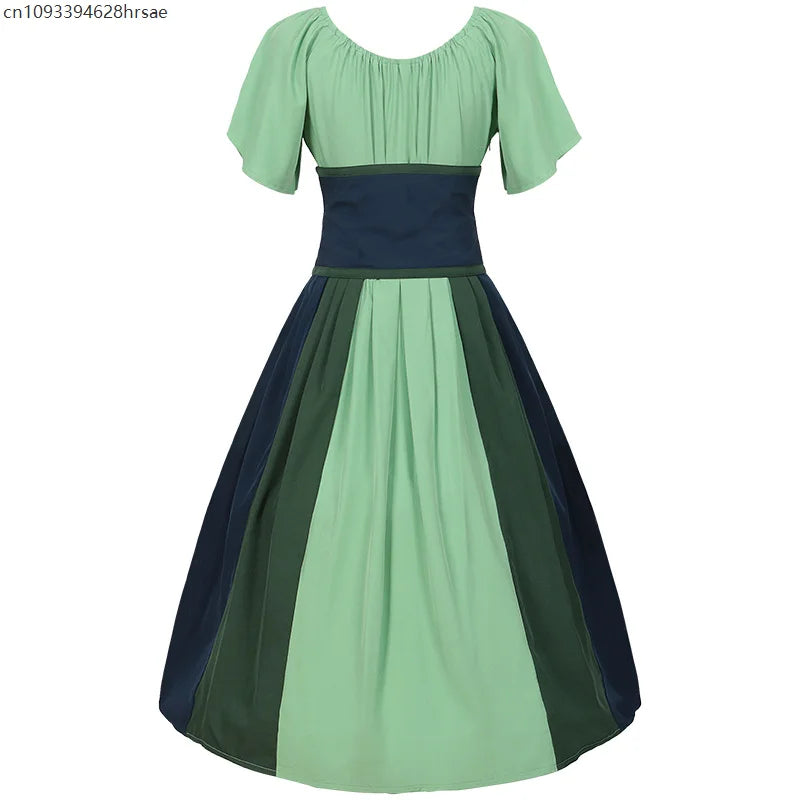 Costumes Halloween pour femmes,robe trapèze rétro médiévale,couleur contrastée,robe à épaules en un mot