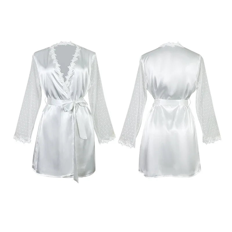 Sexy Fashion Women's White Polka Dot Robe  V-Neck Lace Trim Belted Mesh Sleeves Nightgown Lazy Style Loungewear for Home