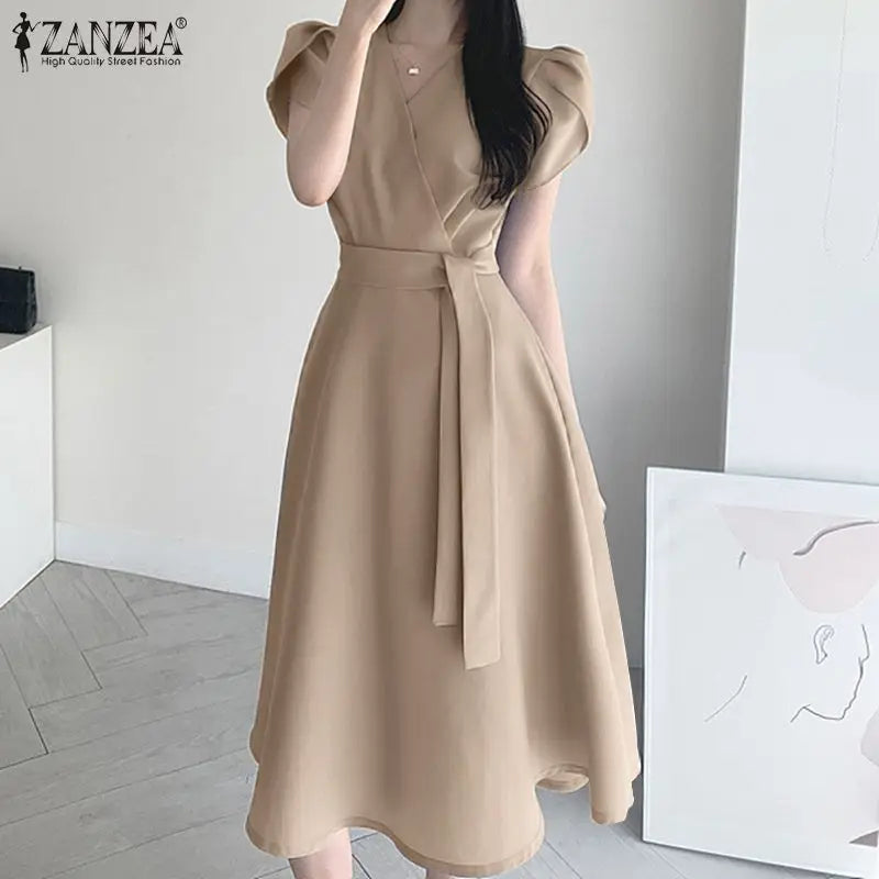 Women Fashion OL Work Sundress ZANZEA Elegant Summer Short Sleeve Dress Casual Solid A Line Vestido Kaftan Sarafans Robe Femme