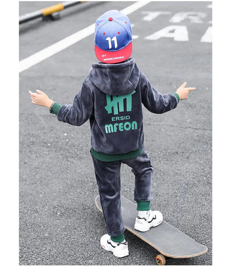 Boys Double-sided Velvet Sets Children Fashion Casual Hooded Suit Kids Autumn Winter Jackets+Pants 2Pcs Outfits Teenager Clothes
