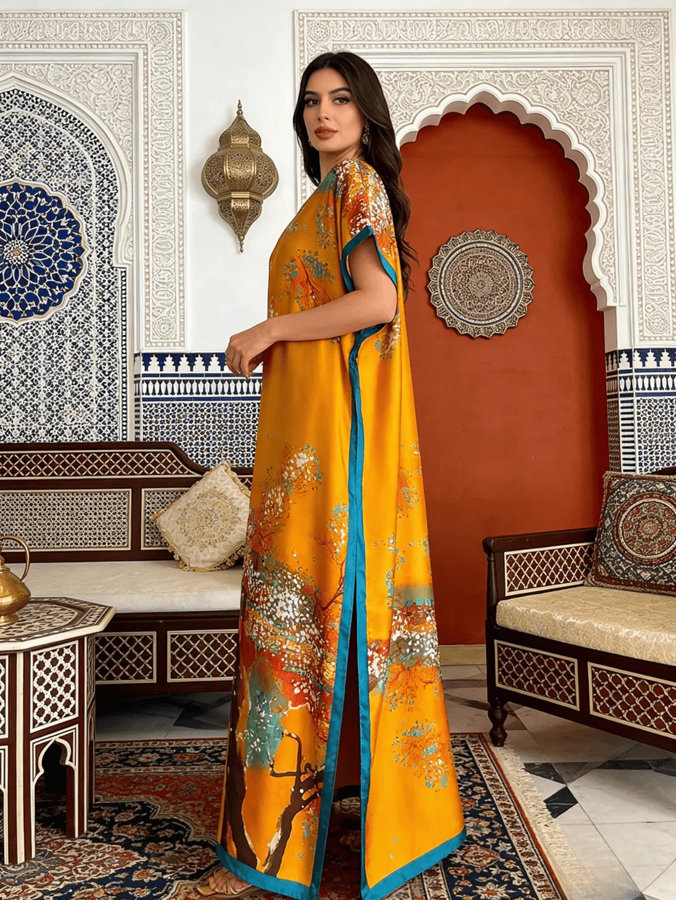 1 Set (Robe + Headscarf) Luxurious Women's Kaftan Robe - Vibrant Yellow Floral Print, Loose Batwing Sleeves, Elegant Long Gown, Suitable for Evening Parties, Beach Vacations, and Everyday Casual Wear