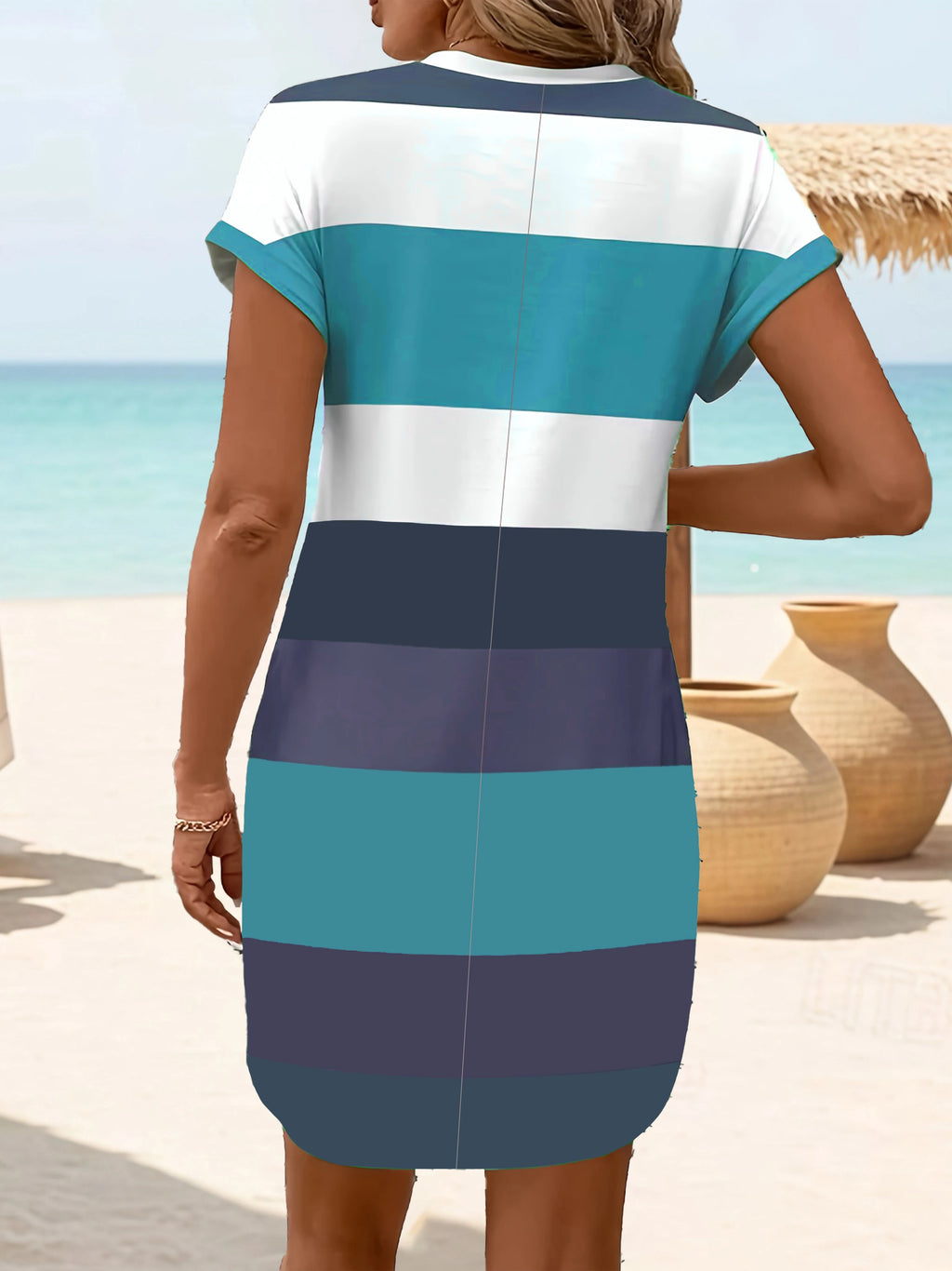 Chic Plus Size Dress: Elegant Stripes, Roll-Up Sleeves, Pockets - Comfortable & Casual Women's Dress