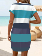 Chic Plus Size Dress: Elegant Stripes, Roll-Up Sleeves, Pockets