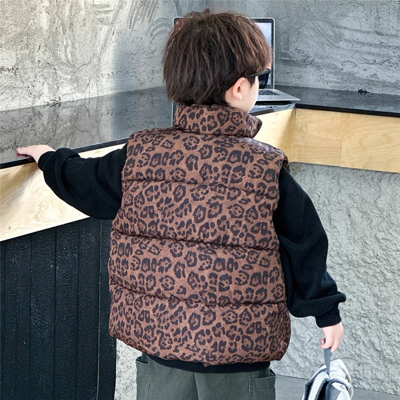 New Fashion Baby Boy Girl Leopard Print Sleeveless Vest Elegant Kids Children Winter Waistcoat Age 2 3 4 5 6 7 8 9 10 11 Years