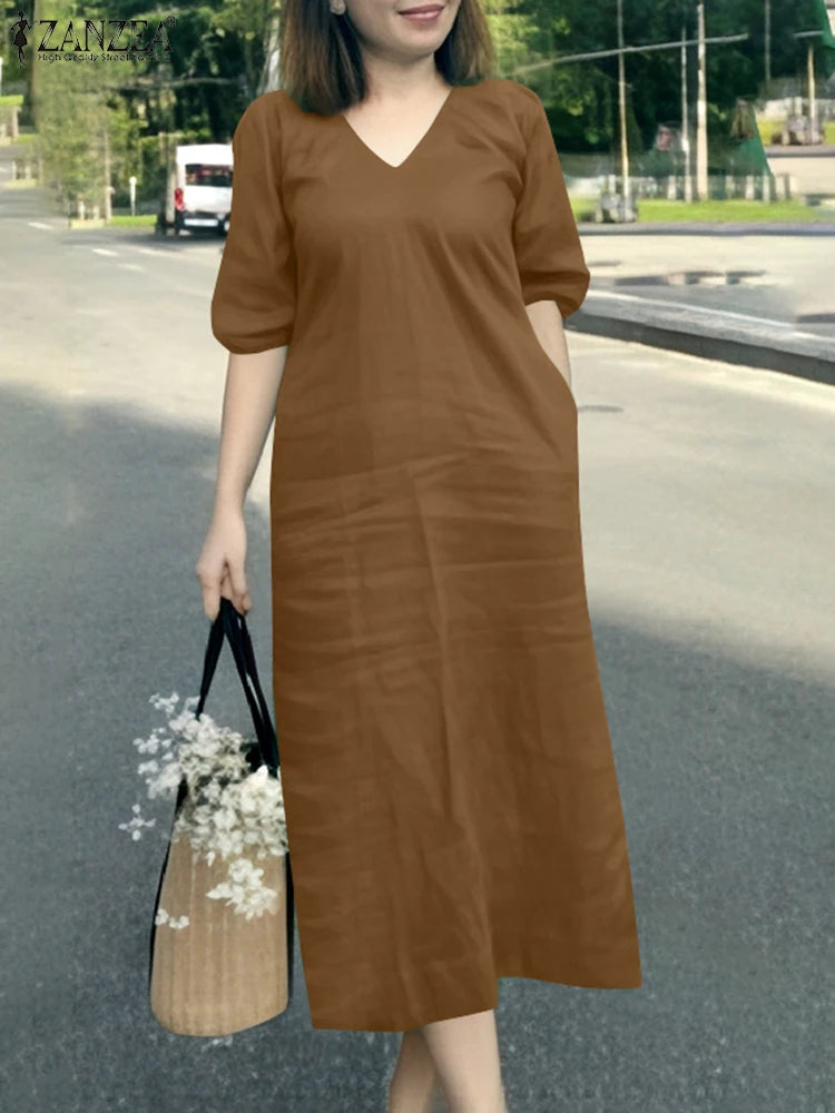 ZANZEA 2025 Fashion Summer Dress Women V Neck Short Sleeve Holiday Sundress Casual Loose Party Work Vestidos Kaftan Robe Femme