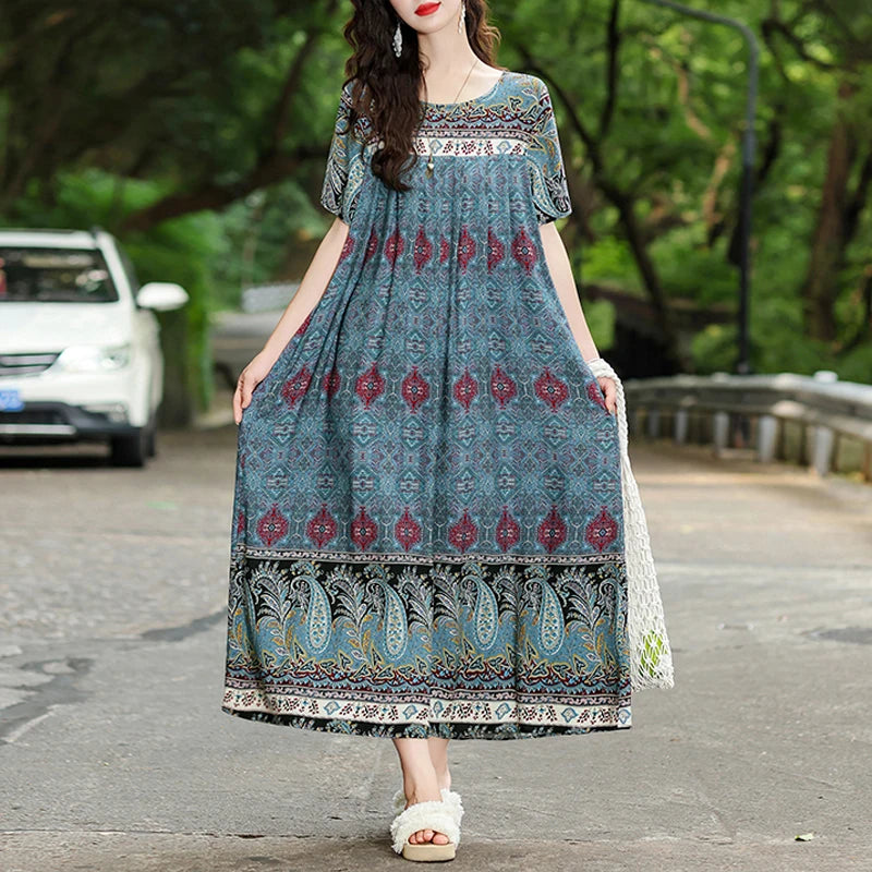 New Fashion Hot Summer Dresses For Women 2025 Casual Flower Print Floral Short Sleeve Dress Vintage Dress Loose Women Clothing