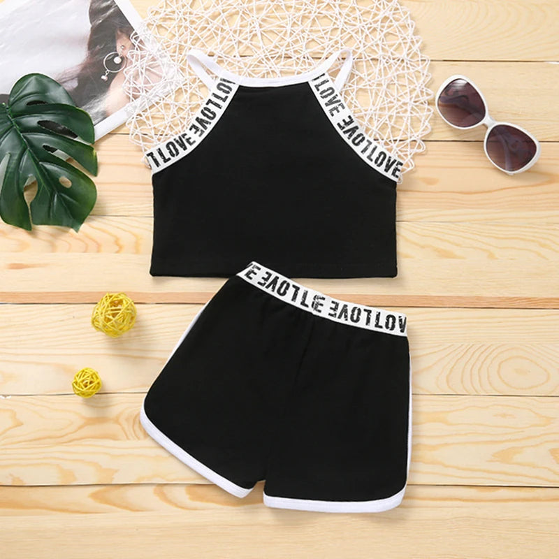 Trendy Summer Children's Sports Clothing Set 2-6Y Patchwork Letter Camisole and Shorts 2Pcs for Girls Kid's Casual Vest Outfit