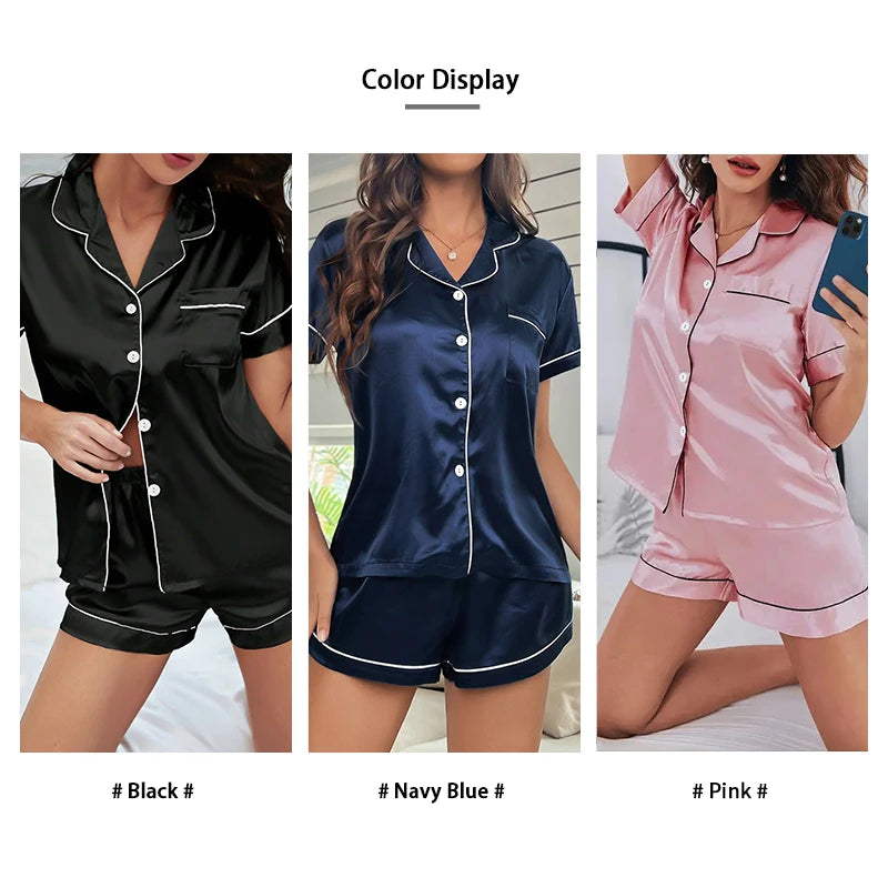 Elegant Satin Solid Pajamas Set Short Sleeve Lapel Buttons Top And Shorts Breathable Fabric Skin-Friendly Fit Women's Sleepwear