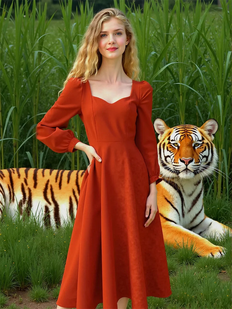 Women'S Dress Autumn Woman Long Sleeve Square Collar Elegant Beautiful Feminine Pretty Sweet Lovely Cute Fancy Exquisite Simple