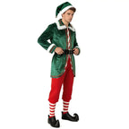 Christmas Elf Costume for Adults Men Women Couple Green Velvet Dress Suit Belt Hat Striped Stockings Xmas Party Cosplaywear