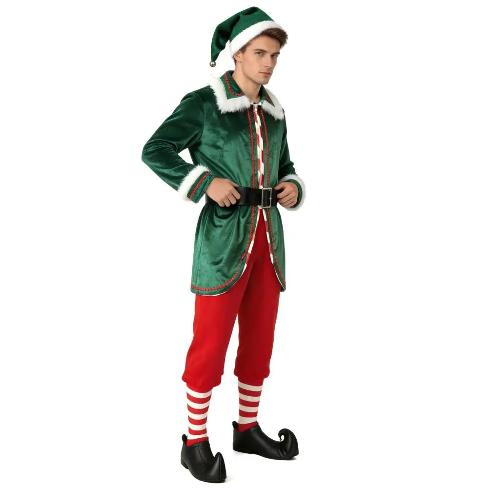 Christmas Elf Costume for Adults Men Women Couple Green Velvet Dress Suit Belt Hat Striped Stockings Xmas Party Cosplaywear