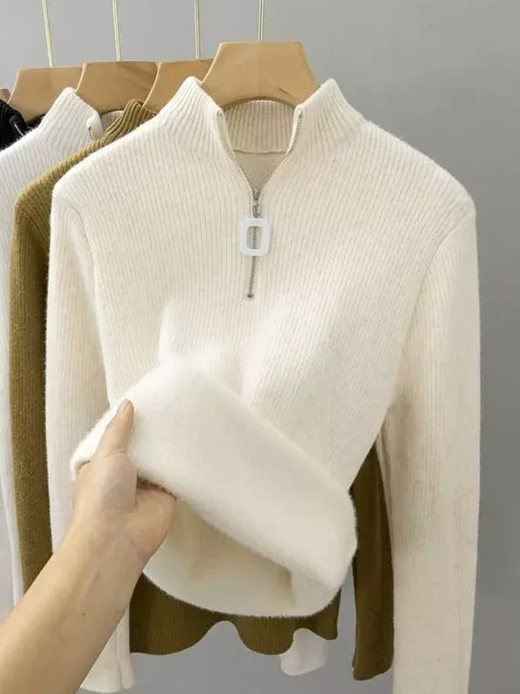 V-Neck Plus Velvet Thicken Knitted Pullover Sweater Woman Casaul Korean Fashion Knitwear Tops Jumpers Plush Lined Warm Sueter