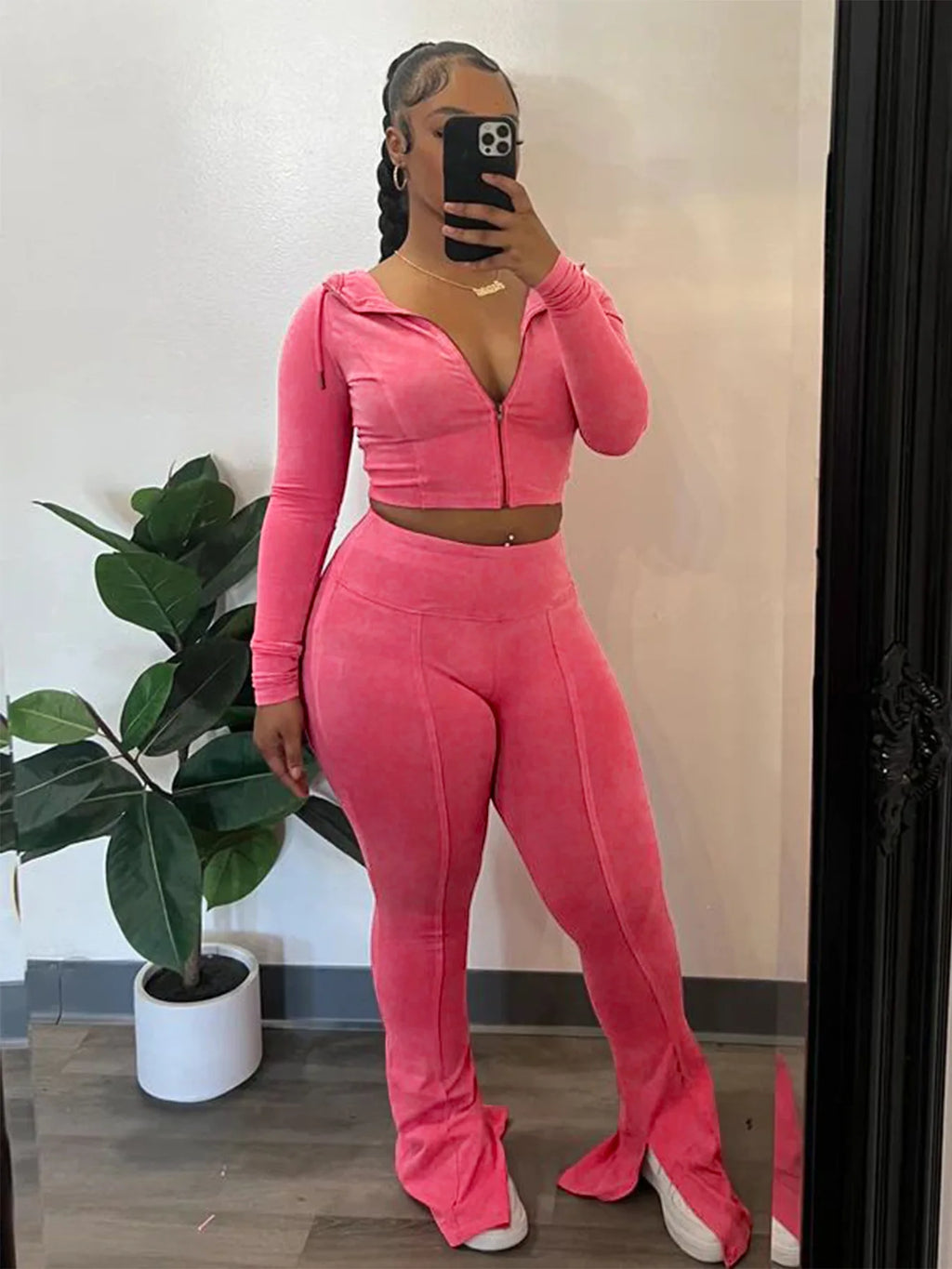 Ensemble 2 Pièces Femme – Veste À Capuche + Pantalon Évasé Taille Haute Sport