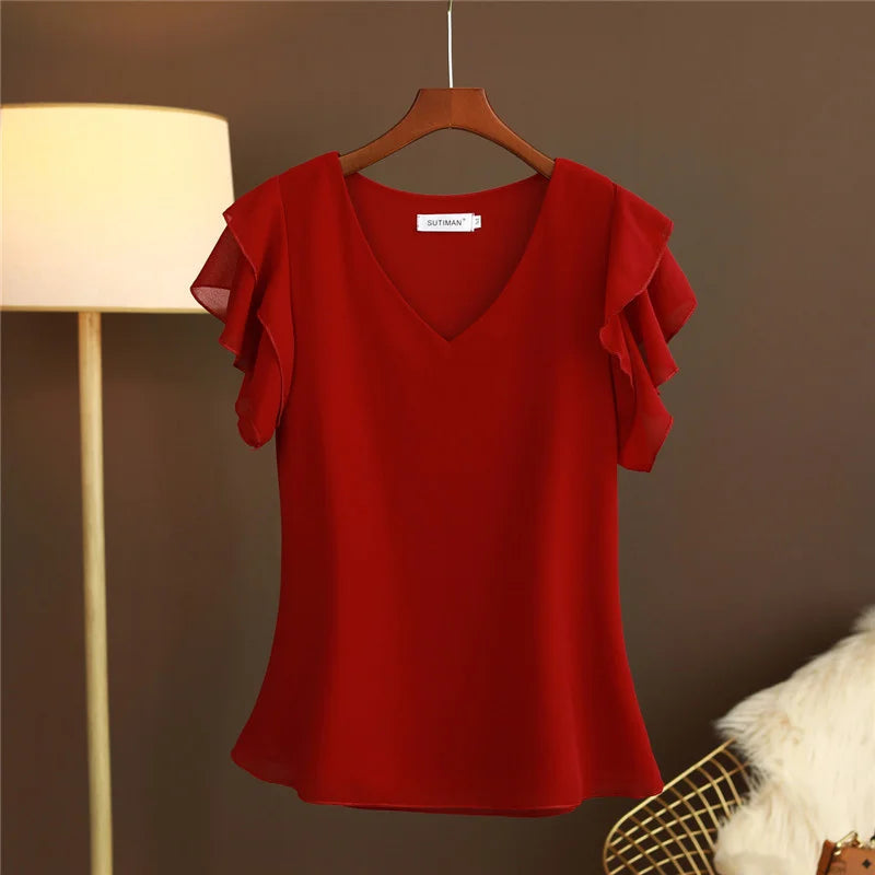 2026 Fashion Summer Dress Women Blouse Top New Short Sleeved V-neck Chiffon T-shirt Women's Loose and Versatile Small Shirt