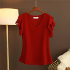 Blouse femme col V – Manches courtes à volants