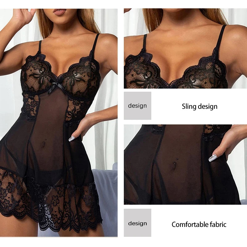 Women's Plus Size Lace Tight Fitting Clothes Sexy Transparent Pajamas Flower Lace Sheer Dress Sexy Mesh Fabric Dress Pajamas