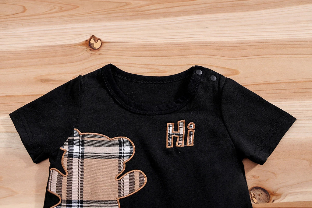 2pcs IURNXB Baby Clothes Set Infant Short Sleeve Tees+Shorts Cartoon Checked Bear Print Cute Kids Tops Pants Casual Suits 3-24M