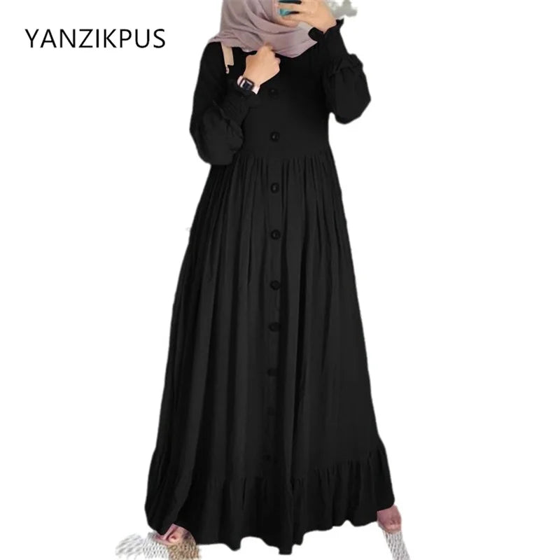 Retro Loose Large Round Neck Ruffle Dress, Arab Robe, Cotton and Hemp Art, Muslim Luxury Fashion, Spring and Autumn, New