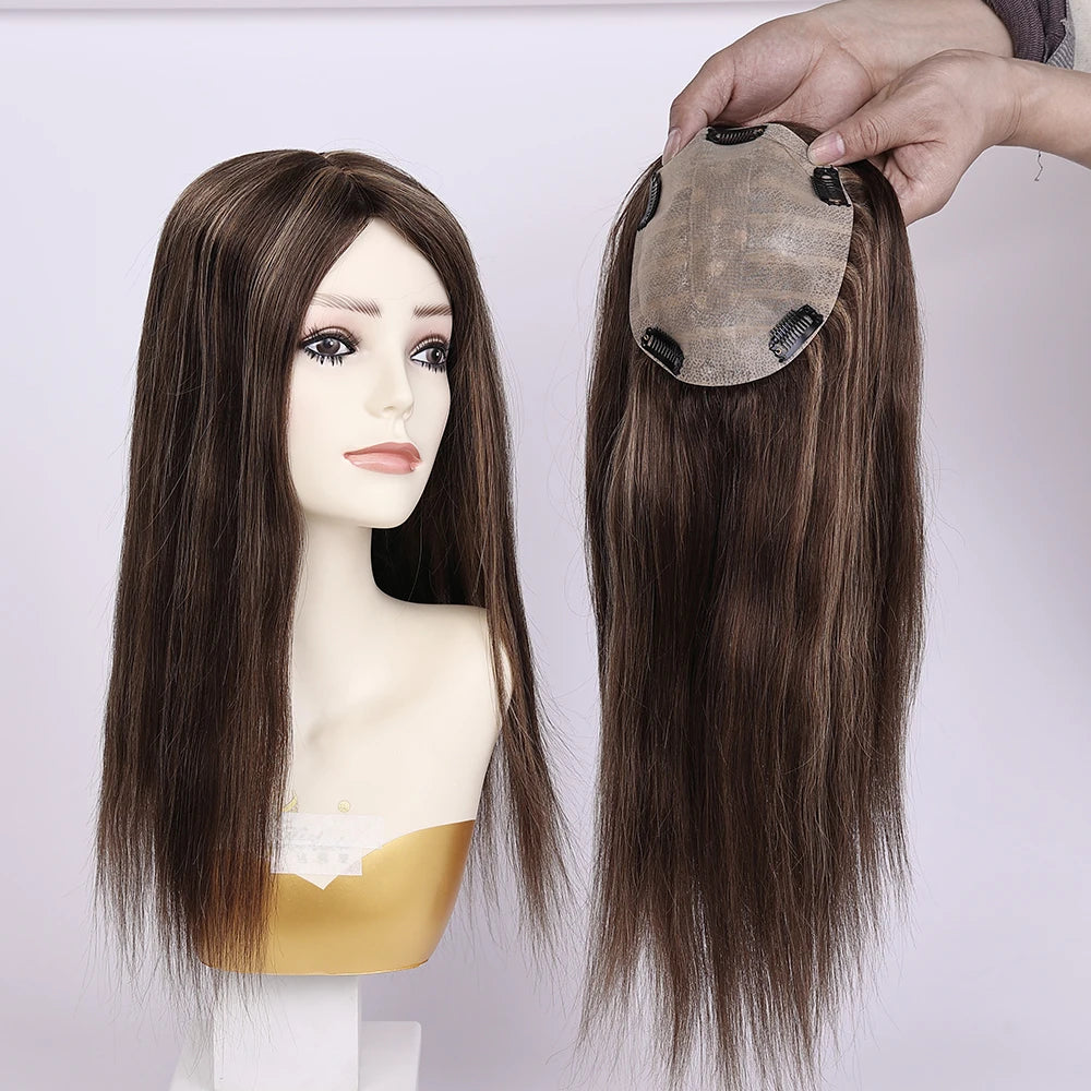 Best Quality European Remy Hair Topper 15x16cm Meddium Brown Straight Silk Base Human Hair Women Toupee 12-20inch