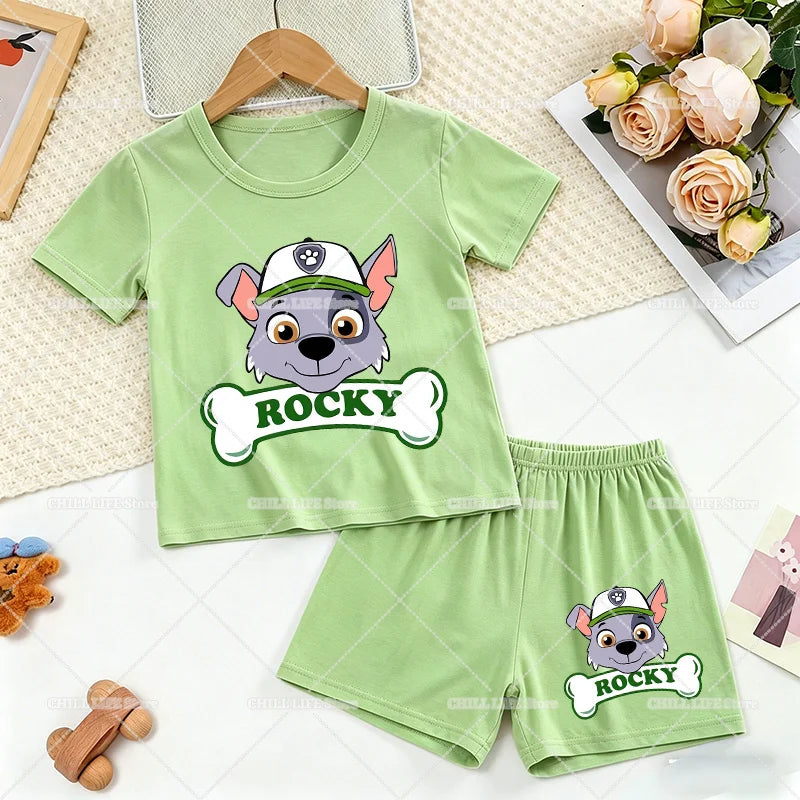 Paw Patrols 2pcs Pajama Suit Marshall Rubble Home Sleepwear Chase Skye Summer Pijamas Outfit Cartoon Print Soft Tops Shorts
