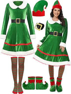 Women's Christmas Costume Set Santa Claus Outfit Velvet Dress With Striped Thigh-High Socks and Elf Hat