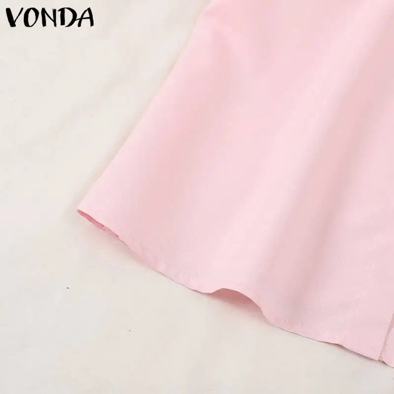 Women Elegant Shirts 2024 VONDA Fashion Summer Short Sleeve Tops Casual Solid Color Shirts Loose Lapel Neck Tunic Blusas Baggy