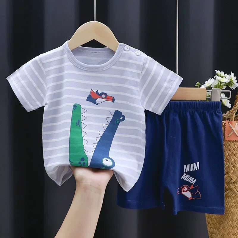 2-6 Years Baby Girl Summer Set Children's Short-sleeved Shorts Suit Cotton T-shirt Little Girls Unicorn Giraffe Cartoon Set