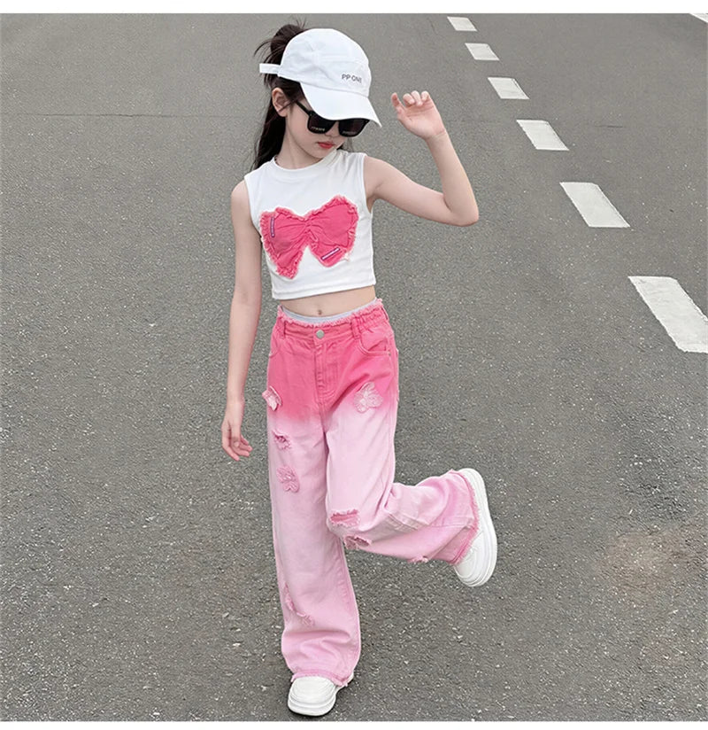 Teenage Girls Clothing Sets Hot Deals Bow Crop Top+Hole Wide Leg Jeans with Butterfly 2Pcs Fashion Gradient Child Clothes Suits