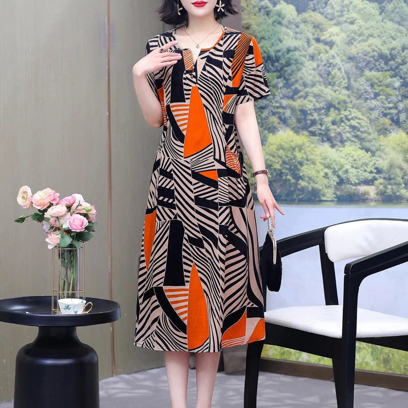 New Hot Fashion 2025 Casual Print Women Summer Dresses For Women Clothing Cotton Vintage Dress Plus Size