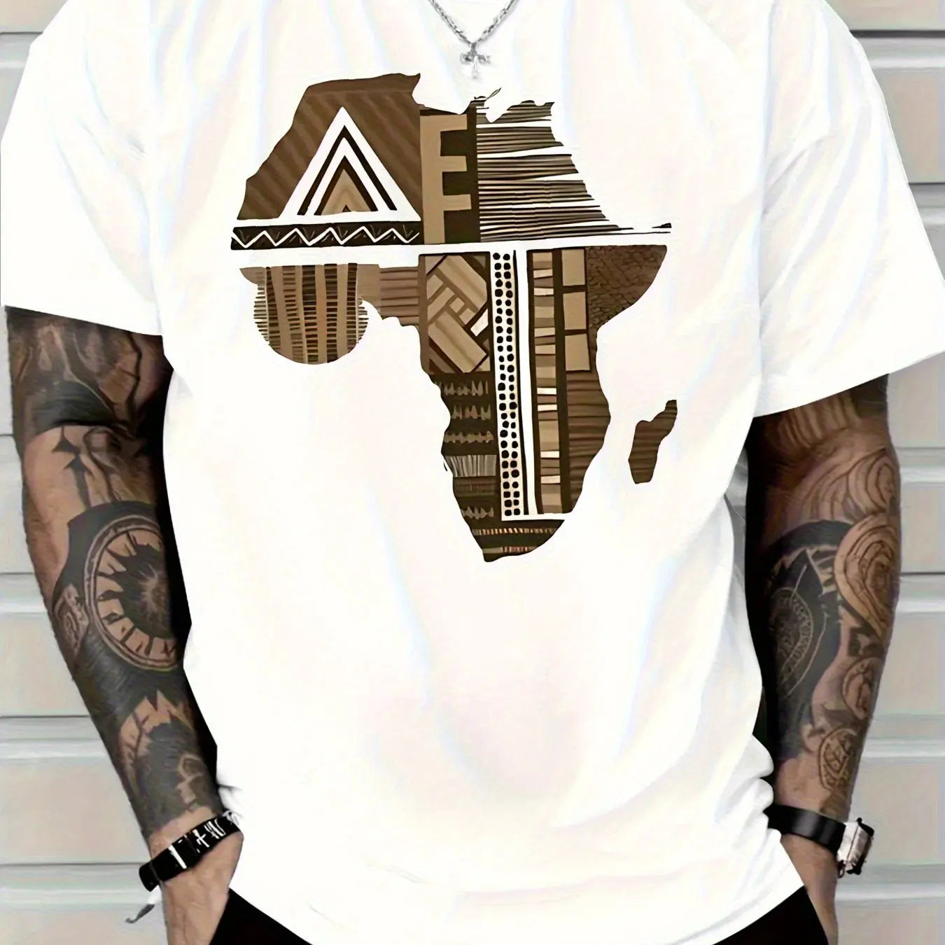 Men'S Plus Size White T-Shirt with Africa-Inspired Golden Print -  Comfort Fit Lightweight Breathable