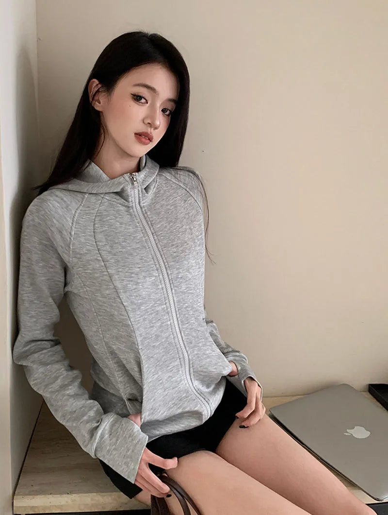 Sweat À Capuche Zipé Femme Slim – Poches Style Coréen Automne 2025