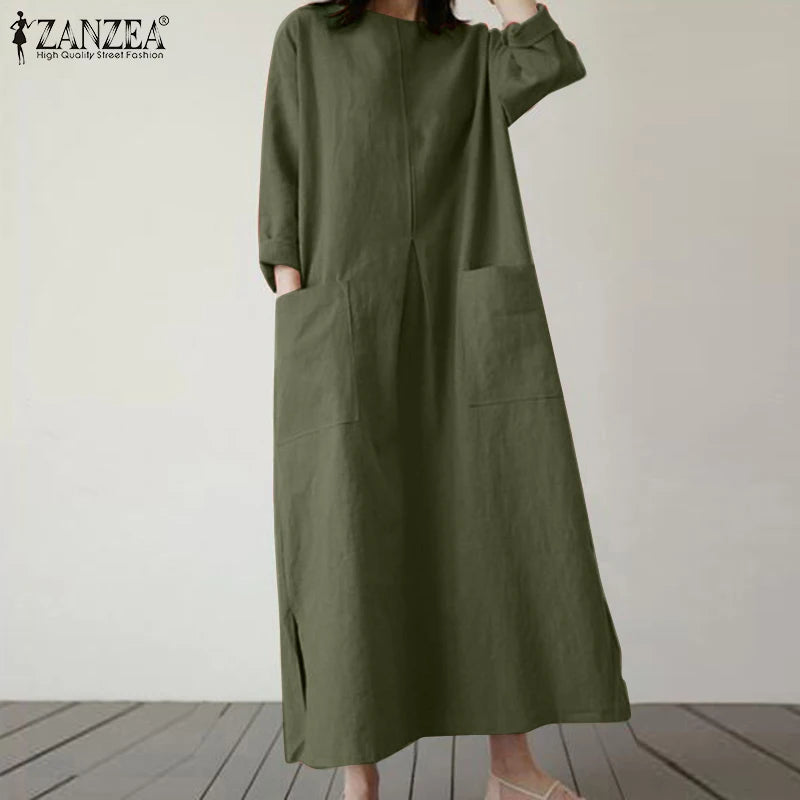 2024 ZANZEA Fashion Summer Vintage Women Solid 3/4 Sleeve Sundress Baggy Loose Casual Dress Oversize Vestidos Kaftan Robe Femme