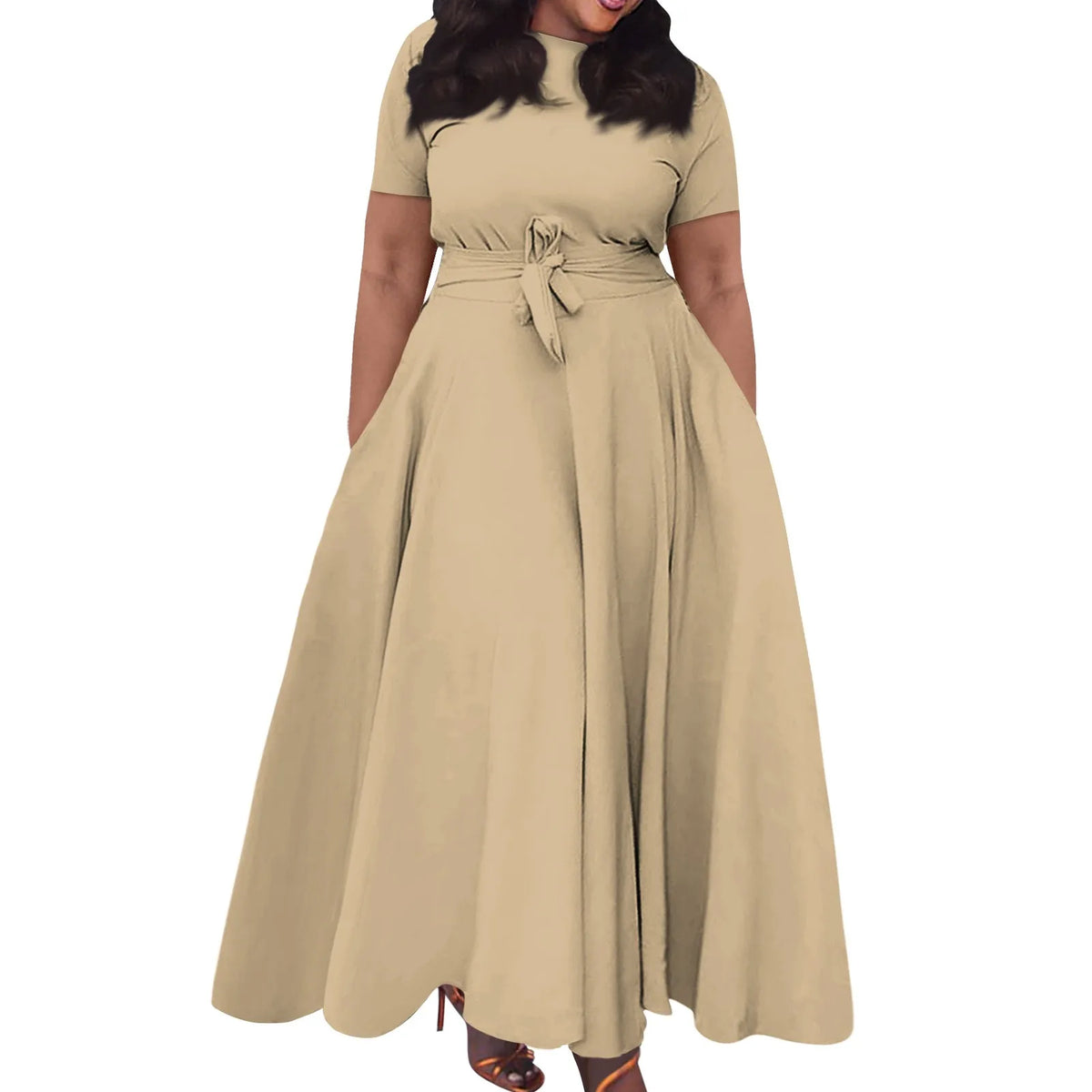 dress for women Casual Fashion Large Size sexy long dresses Solid Color Round Neck dress Short Sleeve Pocket Straps Swing elbise