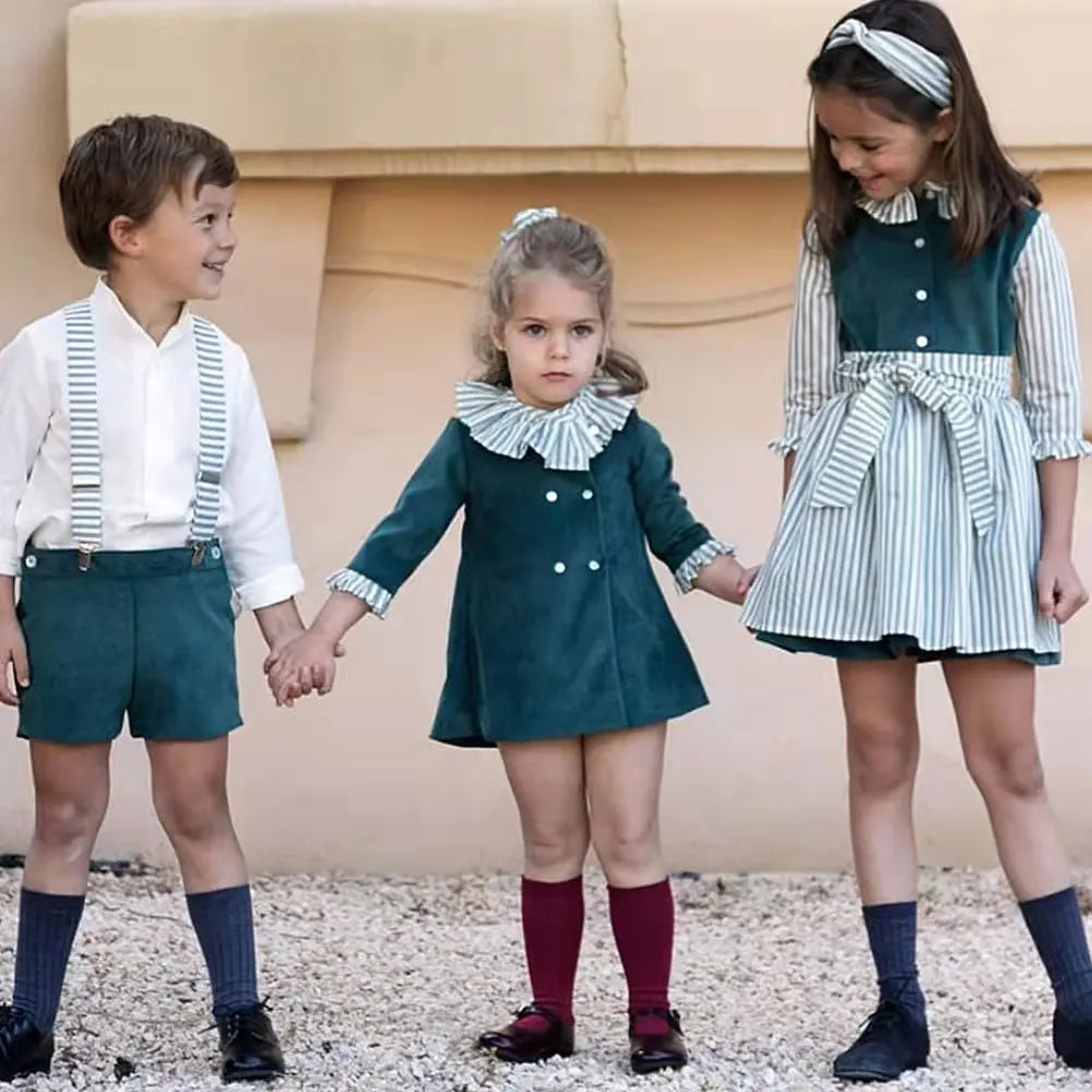 Children's Boutique Clothing Toddler Boys Green Velvet Strap Shorts Suits Cotton Long Sleeve Shirts Siblings Baptism Eid Dresses
