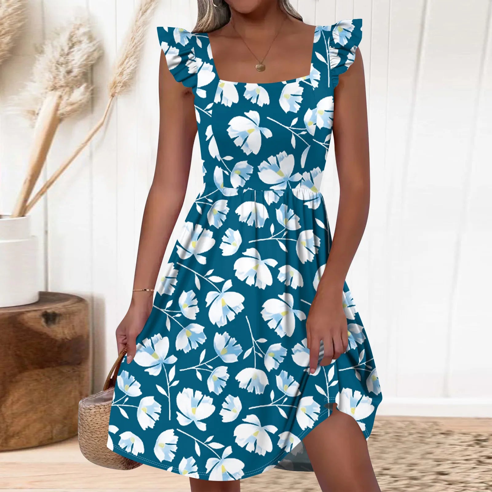 Women's Clothing Hot-selling Square Collar Sweet Floral Print Ruffled Knee-length Beach Skirt