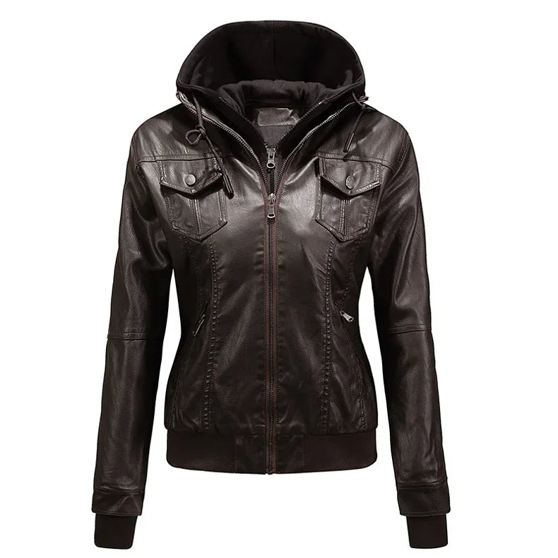 Veste Moto Femme Cuir PU – Capuche Amovible Slim Noir Streetwear
