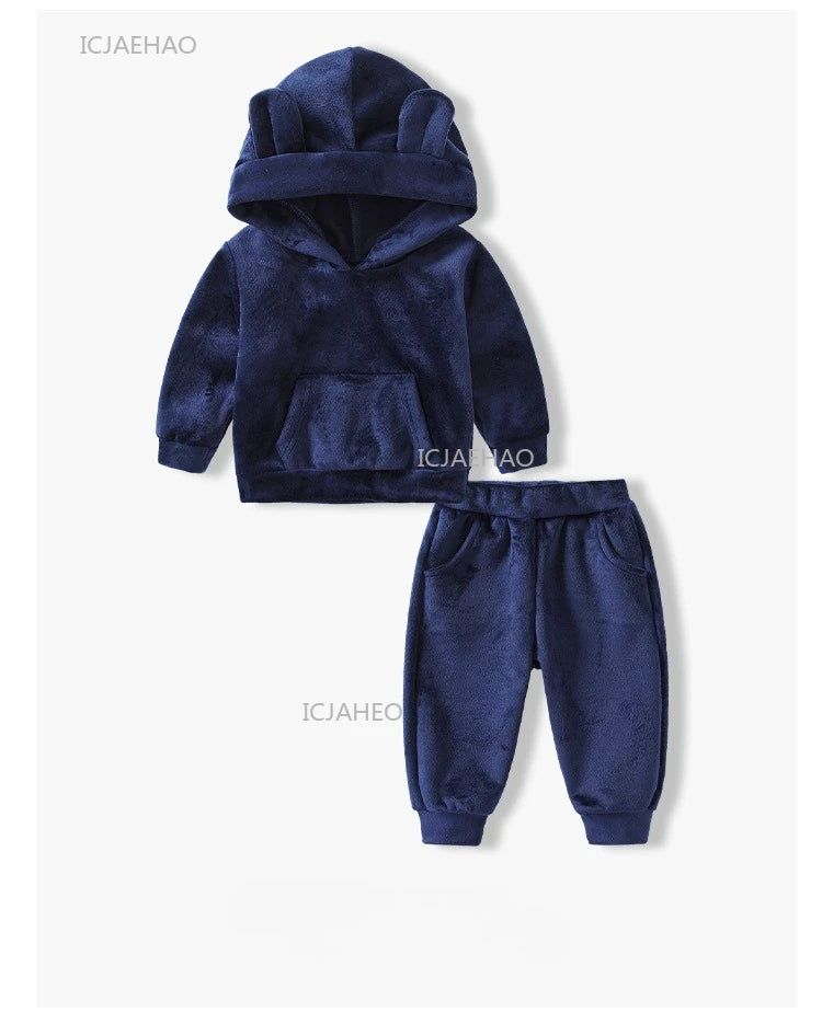 Boys Girls Velvet Warm Long Sleeve Hooded Outfit Set Children Clothing Casual Tracksuit Outdoor Wear Autumn Winter Kids Clothes