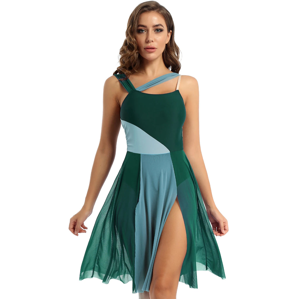 Women Ballet Dance Dress Adult Modern Contemporary Lyrical Dance Costumes Sleeveless Color Block Gymnastics Leotard Dancewear