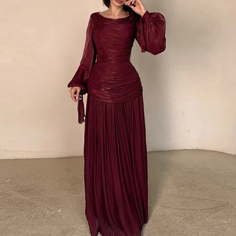 Elegant Temperament Robe Dresses 2026 New Spring Pleated Solid Color Maxi Dress Women O-neck Long Sleeved High Waist Party Dress